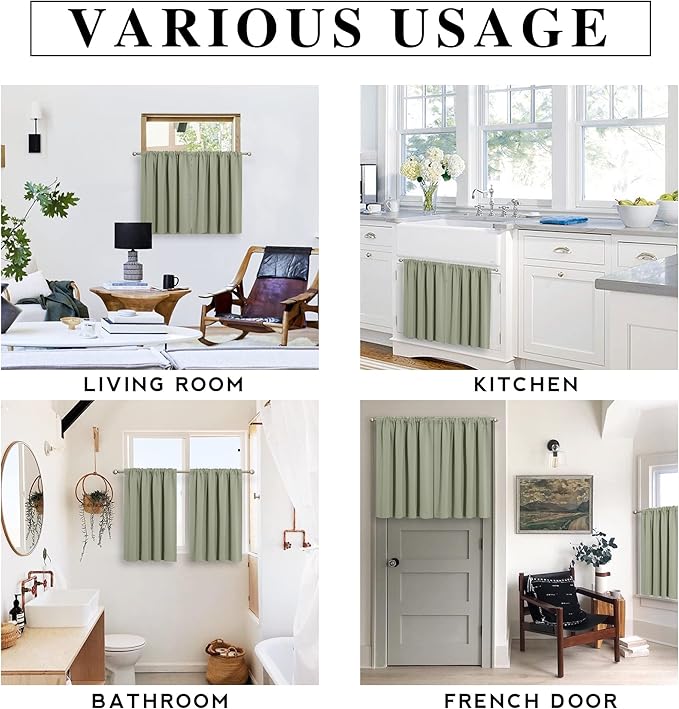 RYB HOME Blackout French Door Window Curtain Covering, Rod Pocket Thermal Insulated Privacy Non See Through Drapes for Bathroom Window, Width 29 by Length 45, Sage Green, 2 Panels