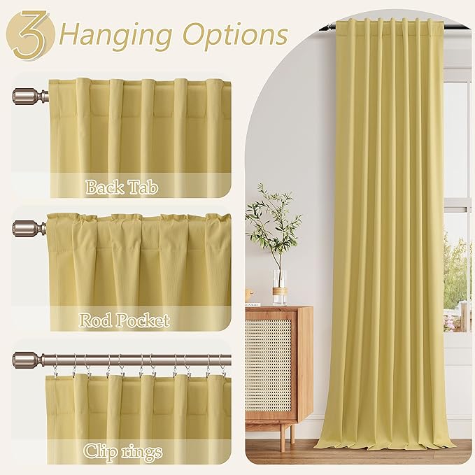 Guken Yellow 100% Blackout Linen Curtains 63 Inch Length 2 Panels Set for Living Room Bedroom Back Tab/Rod Pocket Thermal Insulated Black Out Drapes Room Darkening Farmhouse Window Curtains