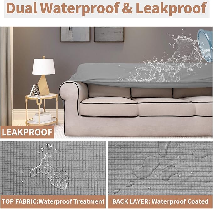 Easy-Going 100% Waterproof Couch Cover, Dual Waterproof Sofa Cover, Stretch Jacquard Sofa Slipcover, Leakproof Furniture Protector for Kids, Pets, Dog and Cat (Oversized Sofa, Light Gray)