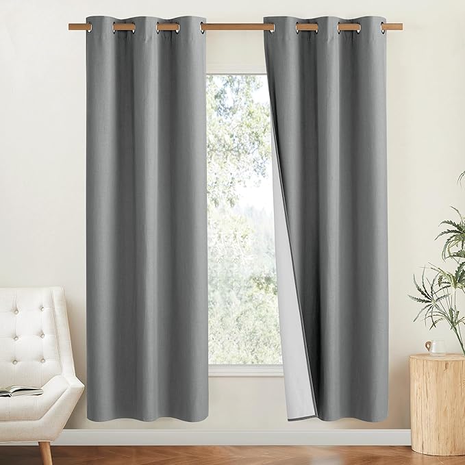 NICETOWN Linen Blackout Curtains for Kitchen, Dove Grey, 2 Panels, 42" Wide x 63" Long, Short Kitchen Burlap Linen 100% Blackout Drape Panels for Night Shift, Great Job for Blocking Light
