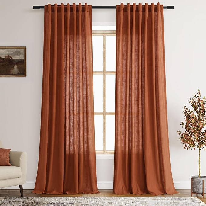 Nanspring Terracotta Linen Blend Semi Sheer Curtains 86 Inches Long 2 Panel Set Pocket Back Tab Brick Burnt Orange Privacy Decorative Decor Curtain Drapes for Bedroom Living Room 52x86