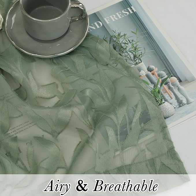 Lecloud Leia Sage Green Sheer Kitchen Curtains 30 Inch Length 2 Pcs, Jacquard Leaf Textured Voile Short Curtains with Dual Rod Pocket, Farmhouse Bedroom Living Room Tiers, Each Panel 28" W x 30" L