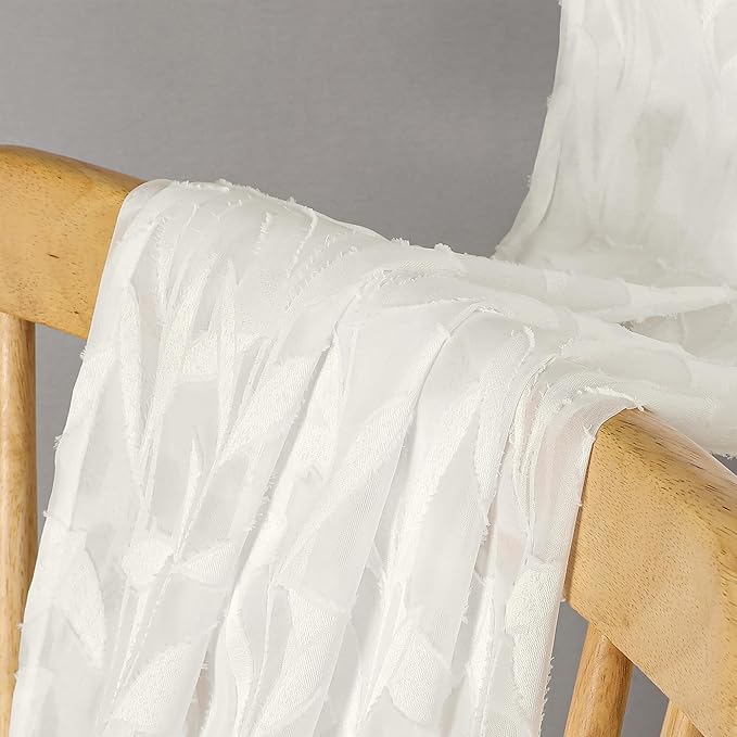 Lecloud Leia Jacquard Textured Ivory Semi Sheer Curtain 45 Inch Length, Balance Light & Privacy Clip Leaf Voile Curtain for Living Room, Dual Rod Pockets Bedroom Short Drape, 40 W x 45 L