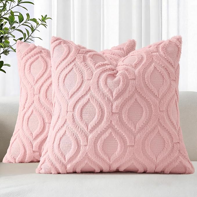 decorUhome Throw Pillow Covers 20x20 Inch Set of 2, Soft Plush Faux Wool Pink Solid Couch Pillow Covers, Accent Farmhouse Neutral Square Pillow Cases for Sofa Bed Living Room