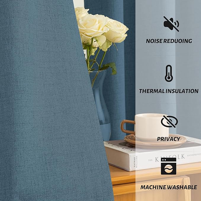 Yakamok Dusty Blue Linen Curtains 100% Blackout 84 Inches Long,Room Darkening Textured Curtains for Living Room Thermal Grommet Bedroom2 Panels with White Liner