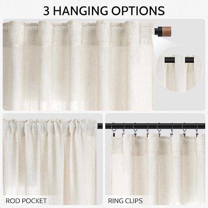 Nanspring Modern Linen Curtains for Living Room 90 Inches Long Light Filtering Semi Sheer Curtain Back Tab Neutral Luxury Modern Farmhouse Decor Linen Blend Drapes for Bedroom 52x90, 2 Panels