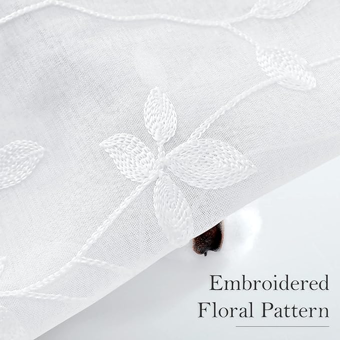 HOMEIDEAS White Sheer Curtains 52 X 63 Inches Length 2 Panels Embroidered Vine Floral Pattern Pocket Faux Linen Semi Sheer Voile Window Drapes for Bedroom Living Room