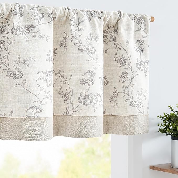 jinchan Linen Kitchen Valance for Windows 16 Inch Gray Floral Double Layer Valance Living Room Laundry Room Darkening Rustic Cottagecore Farmhouse Flower Window Treatment 1 Panel Grey on Linen