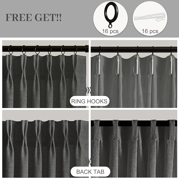 96 Inch Linen Curtains for Living Room, Pinch Pleated Semi Sheer Curtain Rustic Textured Light Filtering Back Tab Drapes with Hooks Rings for Bedroom Farmhouse, Charcoal Grey, W40xL96, 2 Panels