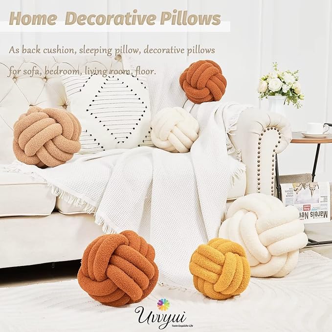 Uvvyui Knot Pillow Ball, Soft Home Decorative Pillows, Round Throw Pillow, Handmade Knotted Plush Pillow, Round Boucle Pillow Cushion (Medium (Pack of 1) Cream)