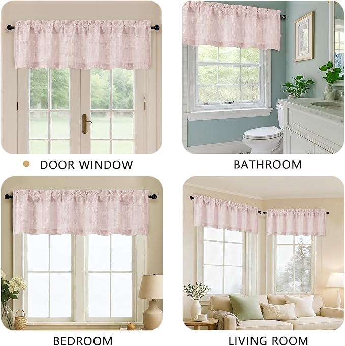 OVZME Blush Pink Valance for Windows, Light Filtering Faux Linen Textured Small Kitchen Valances for Windows, Dual Rod Pocket Farmhouse Short Curtain for Bathroom Basement, 60Wx22L inch, 1 Piece