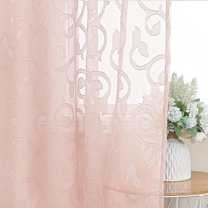 OWENIE Furman Cafe Curtains 30 Inch Length 2 Panels Set, Elegant Geometric Jacquard Short Sheer CurtainsTiers for Kitchen/Living Room/Bedroom Small Window 28" W x 30" L, Blush Pink