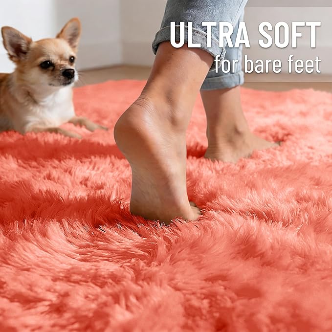 OLANLY 5x7 Machine Washable Large Area Rugs for Living Room, Bedroom, Soft Fluffy Shaggy Bedside Rug, Indoor Floor Carpet for Kids Girls and Boys, Dorms, Nursery, Home Decor Aesthetic, Coral Red