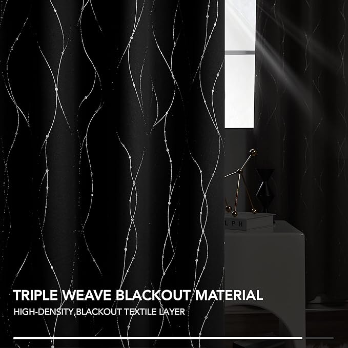 Deconovo Blackout Curtains 84 Inches Long, Black Drapes for Living Room with Wave Dots Silver Print, Soundproof Thermal Insulated Privacy Window Curtain for Bedroom Nursery, Set of 2, Machine Washable
