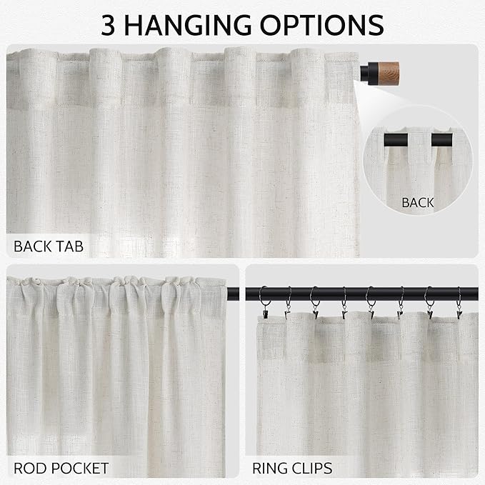 Nanspring Natural Linen Curtains 120 Inches Long for Living Room Light Filtering Sheer Curtains Back Tab and Rod Pocket Farmhouse Floor to Ceiling Curtain for Bedroom High Window 52x120, 2 Panels