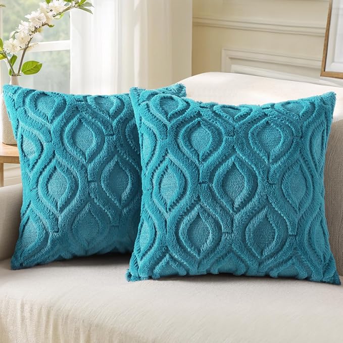 decorUhome Summer Throw Pillow Covers 16x16 Inch Set of 2, Soft Plush Faux Wool Teal Solid Couch Pillow Covers, Accent Farmhouse Neutral Square Pillow Cases for Sofa Bed Living Room
