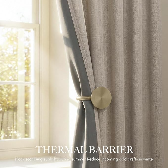 RYB HOME Natural Beige 100% Blackout Linen Curtains for Bedroom 84 inches Long, Thermal Insulated&Privacy Assurd Window Curtains for Living Room Dining Patio Sliding Glass Door, W52 x L84, 2 Panels