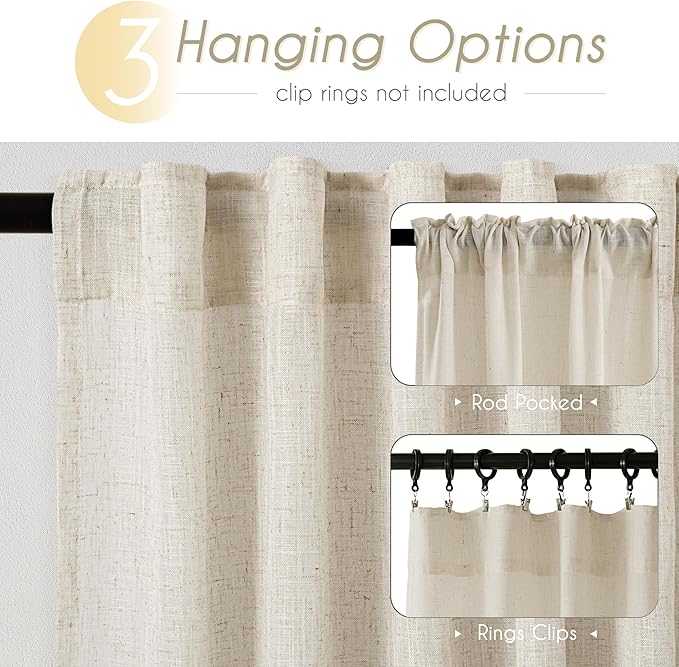 Faux Linen Beige Curtains 72 inches Long for Living Room Rustic Farmhouse Linen Drapes Semi Sheer Burlap Textured Canvas Cloth Curtain Panels Set of 2 Kahki Tan Colored