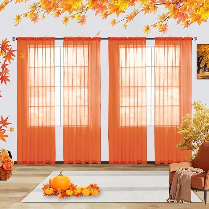 youleyar Solid Sheer Rod Pocket Curtain Voile Draperies 4 Panels White Beige Black Grey Ivory 52 Inch Width 108 Inch Long 1 Pair for Kitchen Bedroom Children Living Room Yard(Burnt Orange,52 Wｘ108 L)