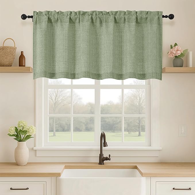OVZME Green Valance for Windows, Light Filtering Faux Linen Textured Small Kitchen Valances for Windows, Dual Rod Pocket Farmhouse Short Curtain for Bathroom Basement, 60Wx22L inch, 1 Piece