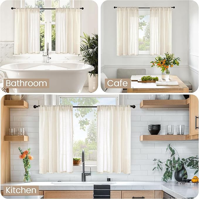 BGment Cafe Linen Curtains 30 Inch Length for Small Window, Beige Half Window Drapes Semi Sheer Lightweight with Rod Pocket for Bathroom Kitchen Over Sink, 2 Panels Set, 24 Inch Wide Each Panel