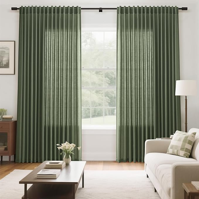 Extra Wide 100x96 Inch Linen Curtains for Living Room Divider Light Filtering Semi Sheer Patio Curtains for Sliding Door Olive Green Coastal Decor Sunroom Floor to Ceiling Window Curtain Panel