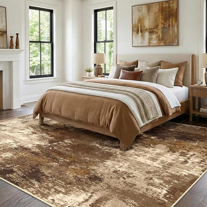 Washable Area Rugs 5'x7' Non-Slip Modern Abstract Soft for Living Room Entryway Bedroom Nursery, Print Pattern, Brown Tan Beige Coffee