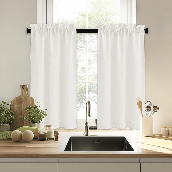 RYB HOME Kitchen Curtains, 30 inches Long Linen Rod Pocket Semi Sheer Cuartins for Basemnet Cafe, Light Filtering Bathroom Curtains Over Sink, W 26 x L 30, Linen, 2 Panels Set