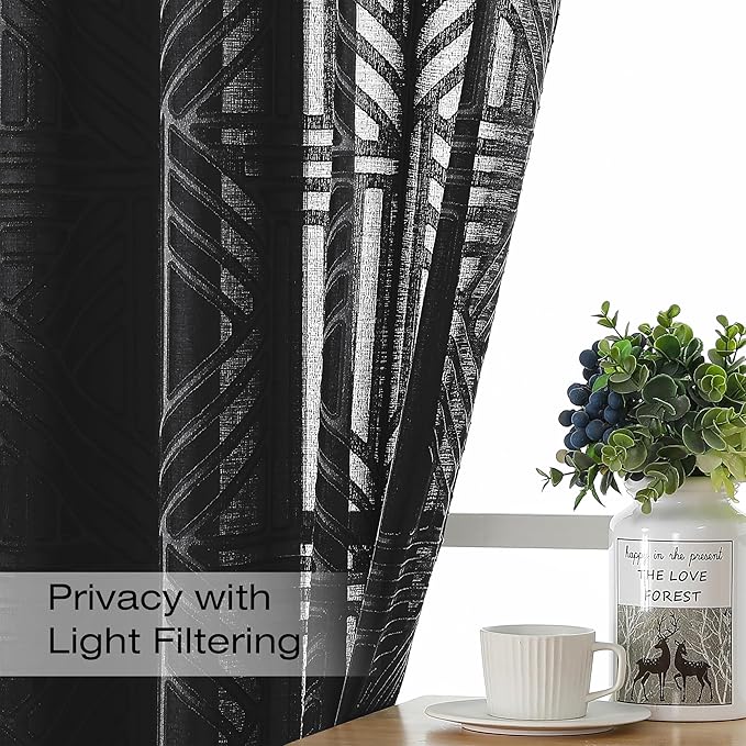 Simplebrand Black Semi Sheer Curtains 63 Inch Length 2 Panels, Light Filtering Geometric Jacquard Clip Textured Short Sheer Curtains for Bedroom，Modern Elegant Window Curtains Drapes，42x63 inch