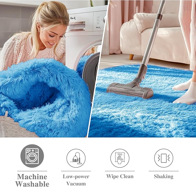 OLANLY Bright Blue Round Rugs for Bedroom - Machine Washable, 7 ft Circle Area Rugs for Living Room, Soft and Fluffy Shaggy Carpet for Teen Girl and Boys, Nursery Rooms, Dorms, Home Decor Aesthetic