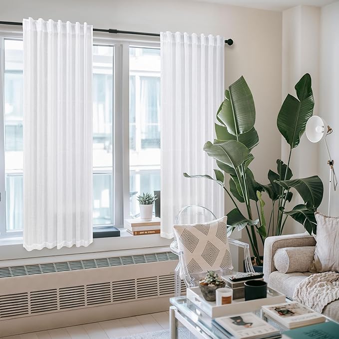 Pitalk White Linen Sheer Curtains 68 Inch Length 2 Panels for Living Room Rod Pocket Pleated Farmhouse Coastal Decor Cotton Textured Gauze Curtain for Dining Room Home Office French Door 52 x 68 Long