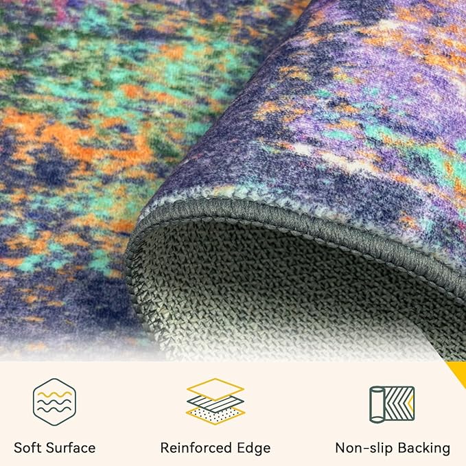 Washable Area Rugs 6ft Non-Slip Modern Abstract Soft for Living Room Entryway Bedroom Nursery, Print Pattern, Purple Orange Blue Green Rust Red Colorful