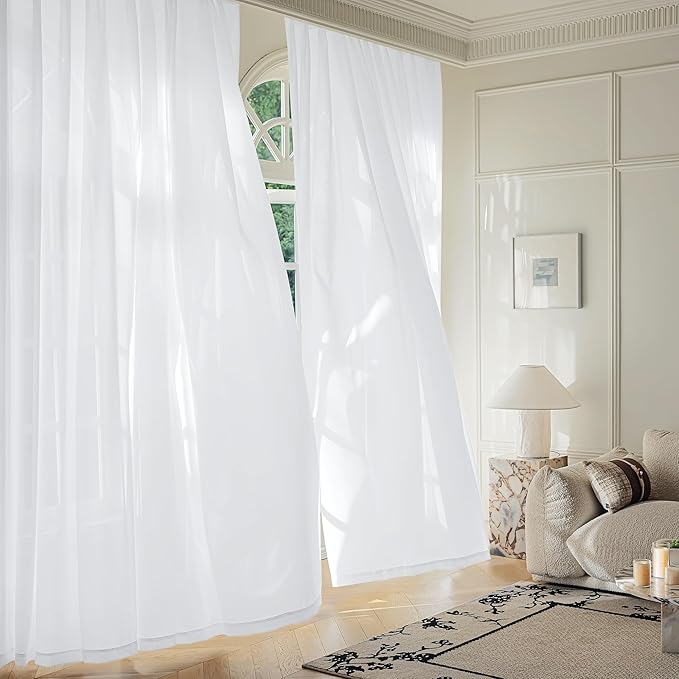 FMFUNCTEX Sheer Non-See-Through White Curtains for Bedroom, Faux Silk that Let Light Curtains 72 inches Long Light Filtering Privacy Sheer Window Drapes for Living Room, Rod Pocket 2 Panels Set
