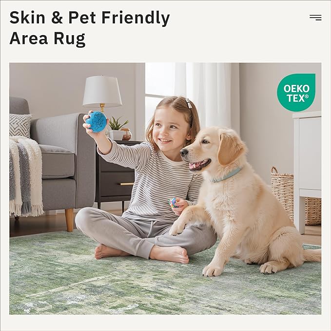 Area Rug 6x9 Abstract Rugs for Living Room 6 x 9 Washable Rugs Green Non Slip Low Pile Rugs for Bedroom Dining Room Foldable Thin