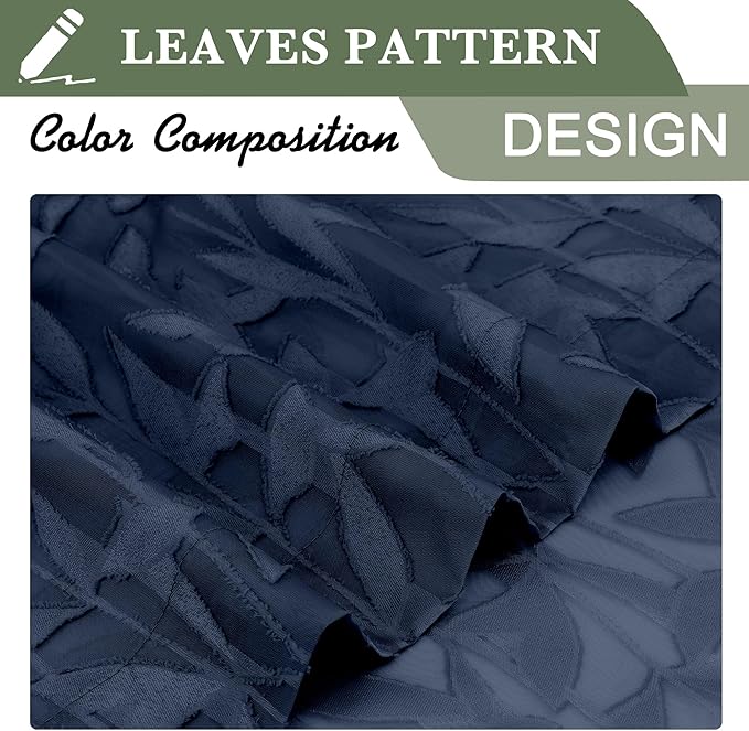 Lecloud Leia Navy Blue Sheer Curtains 2 Pieces, 30 Inch Short Curtains, Breathable Jacquard Texture Kitchen Windows Curtains, Small Farmhouse Leaves Voile Drapes Dual Rod Pocket, 38 W x 30 L