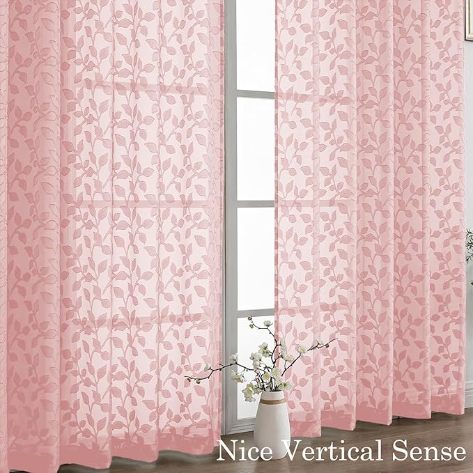 Chyhomenyc Blush Pink Sheer Curtains 84 Inch Length 2 Panels Set, Light Filtering Tufted Textured Soft Airy Rod Pocket Gentle Leaf Window Treatment Drapes for Bedroom Living Room, 52" Wx84 L, 2PCS