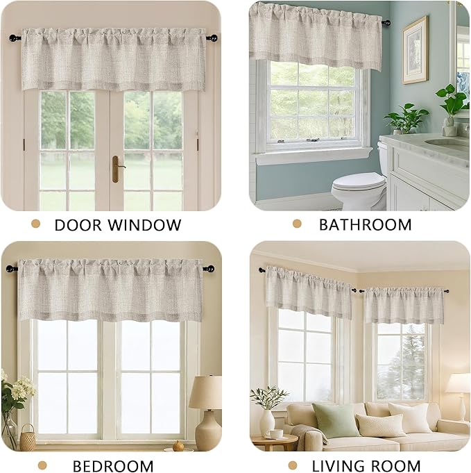 OVZME Valance for Windows, Light Filtering Faux Linen Textured Small Short Valance Kitchen Curtain, Dual Rod Pocket Top Short Window Curtain for Bathroom Basement Farmhouse, 60Wx16L Inch, Linen Color