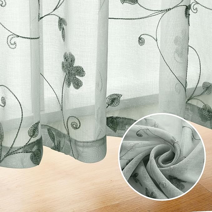 HOMEIDEAS Sage Green Sheer Curtains 96 Inches Long 2 Panels Embroidered Floral Pattern Semi Sheer Window Curtains for Bedroom Living Room