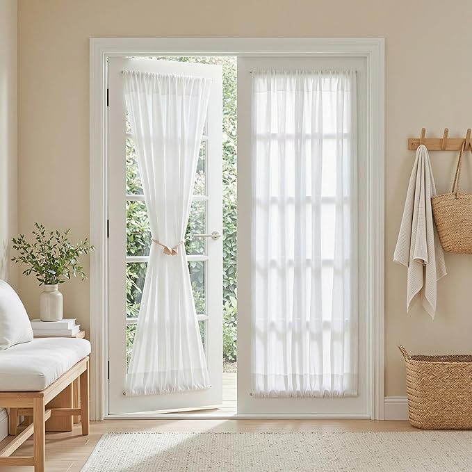 MYSKY HOME White French Door Curtains for Door Window 72 Inch Length 2 Panels Semi Sheer Light Filtering Curtain for Bedroom Window Glass Rod Pocket for Kitchen Dining Room, Pure White, 26" Wide