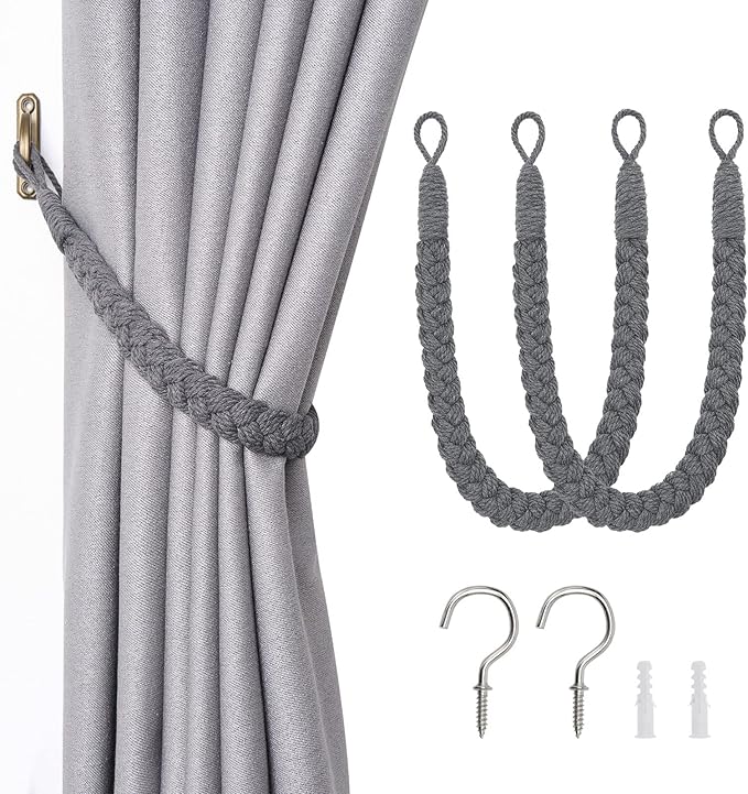 NICEEC 2 Pack Natural Cotton Rope Curtain Tiebacks Elegant Boho Style Decorative Drape Tie Backs Soft Hand-Woven Rope Curtain Holdbacks with Metal Hook for Home & Office Drapery (Dark Grey)