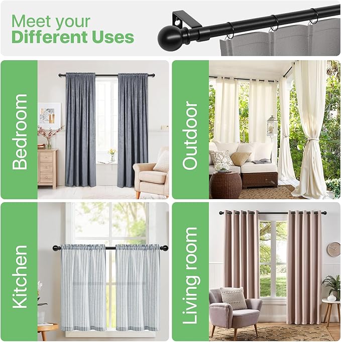 Black Curtain Rods for Windows 28 to 60 inch, Adjustable Curtain Rod Set with Brackets Easy Install, Decorative Slender 5/8 Diameter Drapery Rod, Heavy Duty Drape Pole for Living Room, Bedroom