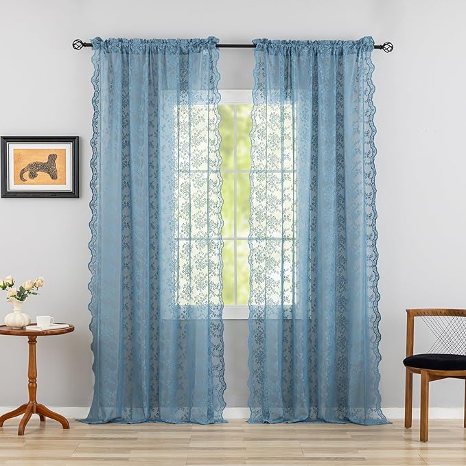 YJ YANJUN Vintage Lace Curtains 72 Inches Long 2 Panels Antique Boho Slate Blue Sheer Curtain for Playroom Living Room Bathroom Rod Pocket Semi Sheer Privacy Drapes W52 X L72 Dusty Grey Blue Denim