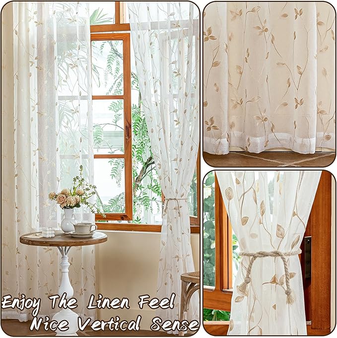 AmHoo 2 Panels Embroidered Leaf Pattern Semi Sheer Curtains Foliage Floral Voile Window Draperies Treatment for Bedroom Living Room Rod Pocket White Beige 53 x 63 Inch