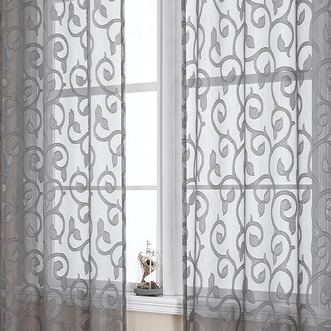 OWENIE Furman Sheer Charcoal Gray Curtains 84 inches Long for Bedroom Living Room 2 Panels Set, White Curtains Jacquard Clip Light Filtering Semi Sheer Curtain Rod Pocket Window Drapes, 52Wx84L inch