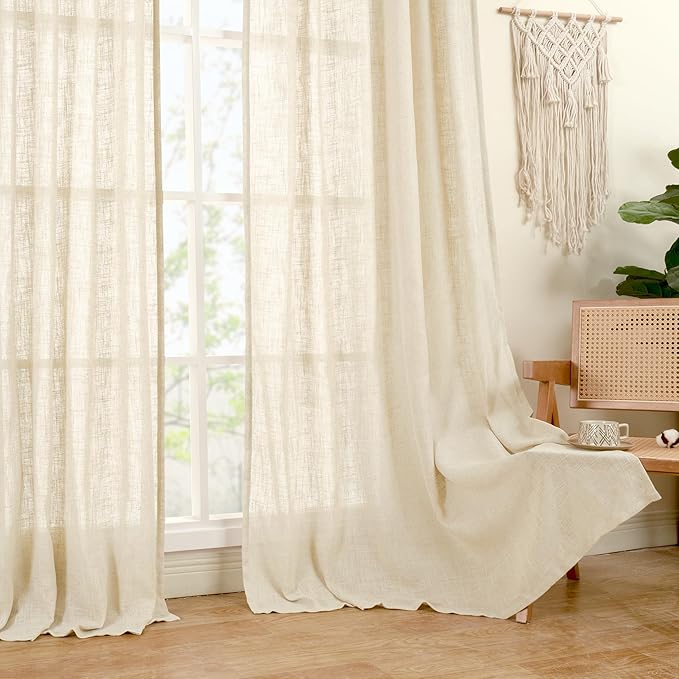 LAMIT Extra Wide Linen Curtains for Bedroom, Light Filtering Faux Linen Textured Panels Semi Sheer Back Tab and Rod Pocket Boho Drapes for Living Room, Beige, 2 Panels, 70 x 84 Inch