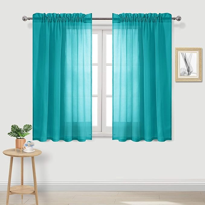 DWCN Turquoise Sheer Curtains Semi Transparent Voile Rod Pocket Curtains for Bedroom and Living Room, 52 x 54 inches Long, Set of 2 Panels