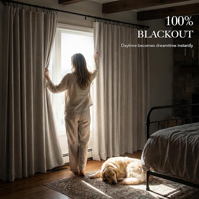 RYB HOME Natural Beige 100% Blackout Linen Curtains for Bedroom 84 inches Long, Thermal Insulated&Privacy Assurd Window Curtains for Living Room Dining Patio Sliding Glass Door, W52 x L84, 2 Panels