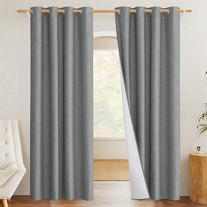 NICETOWN 100% Absolutely Blackout Linen Curtains with Thermal Insulated White Liner, Dove Grey, W52, 2 Pieces, Noise Reducing Textured Linen Look Curtains for Windows 120 inch Length for Classroom