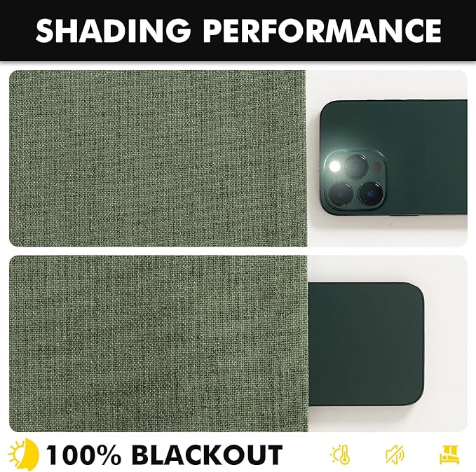 MIULEE 100% Blackout Linen Curtains for Bedroom, Olive Green Solid Luxury Decor Thermal Insulation Room Darkening Drapes for Living Room Nursery Back Tab Rod Pocket 42 x 84 Inches, 2 Panels