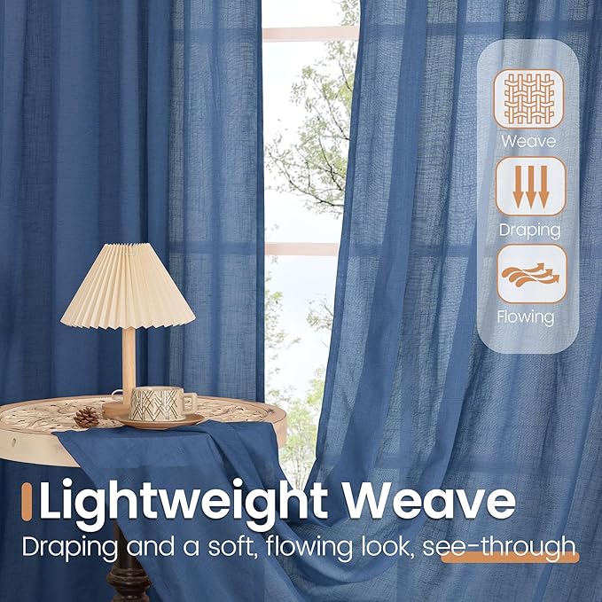 BGment 102 Inch Length Navy Blue Linen Curtains for Living Room, Semi Sheer Window Drapes Extra Long Light Filtering for Bedroom with Rod Pocket Lightweight, 2 Panels Set, Each 52 Inch Wide